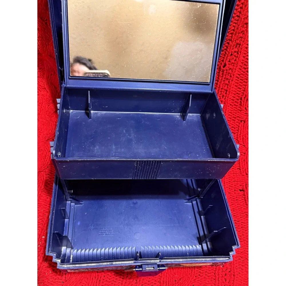 Vintage Sassaby Makeup Organizer Box Floral Navy Blue 90s Vanity Case Mirror